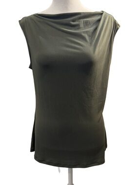 Dkny Olive Green Sleeveless Drape Neck Top with Zip Shoulder. Small